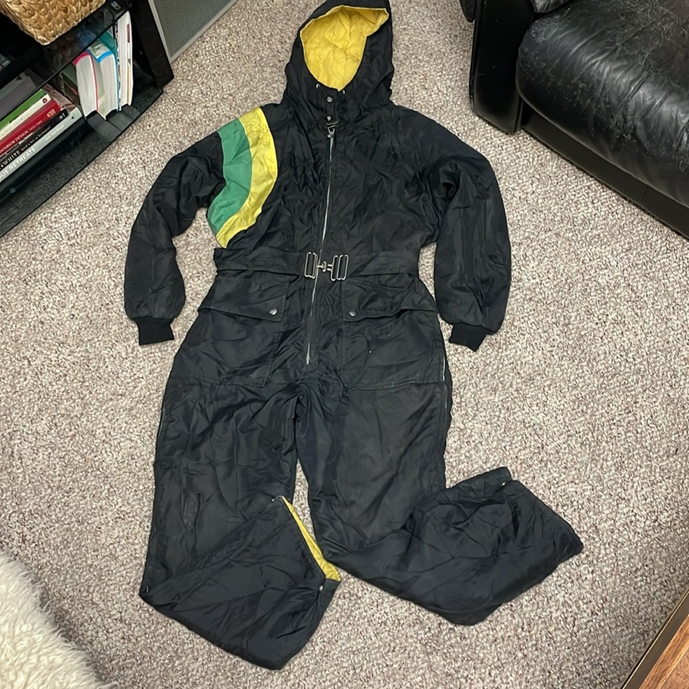 Vintage 70s John Deere Black Hooded snowsuit with Green and Yellow Accen…